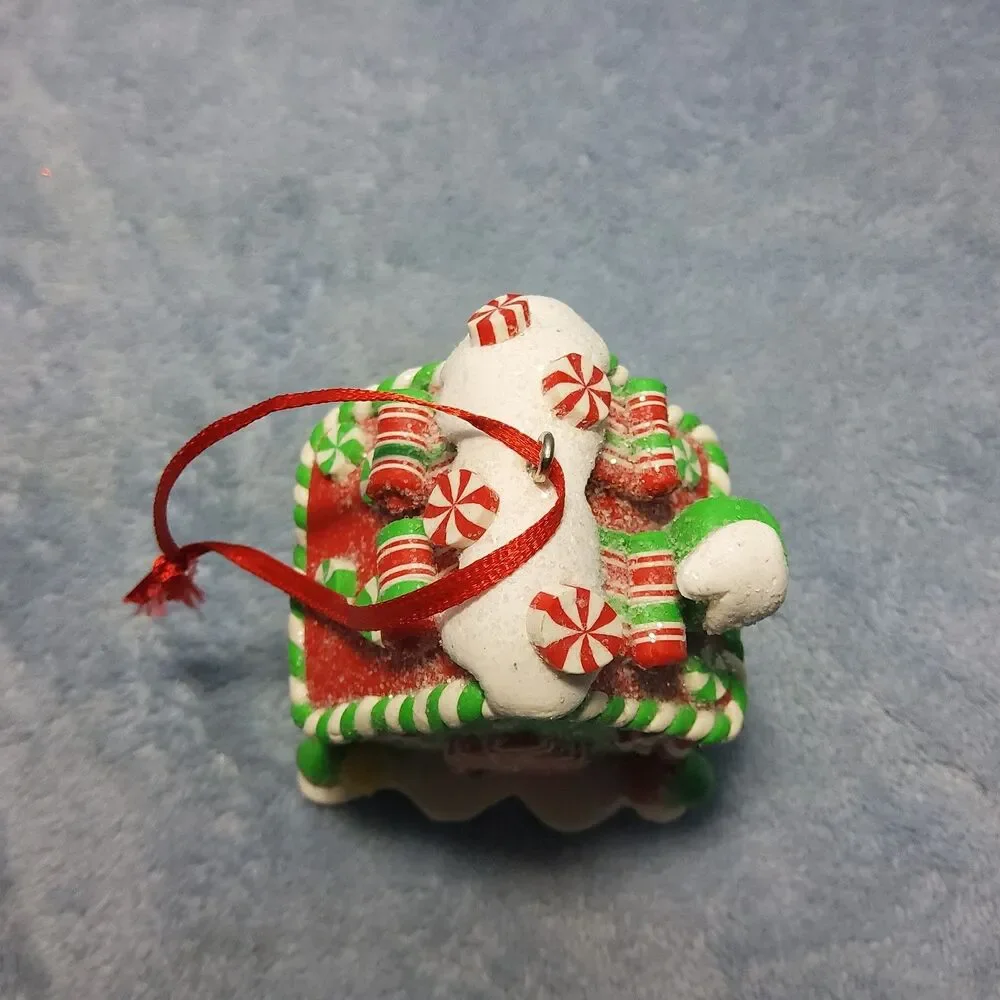 Green Gingerbread House Christmas Ornament Peppermint Candy Cane Clay Dough 3.25